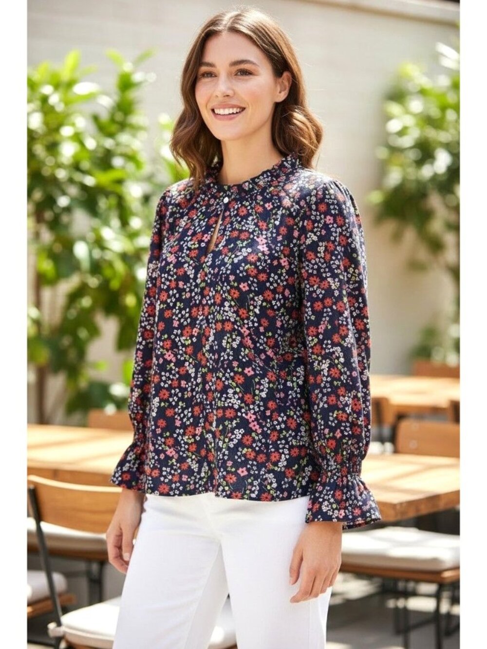 LOFT Ditsy Floral Print Keyhole Ruffle Long Sleeve Blouse Top Shirt Size L New